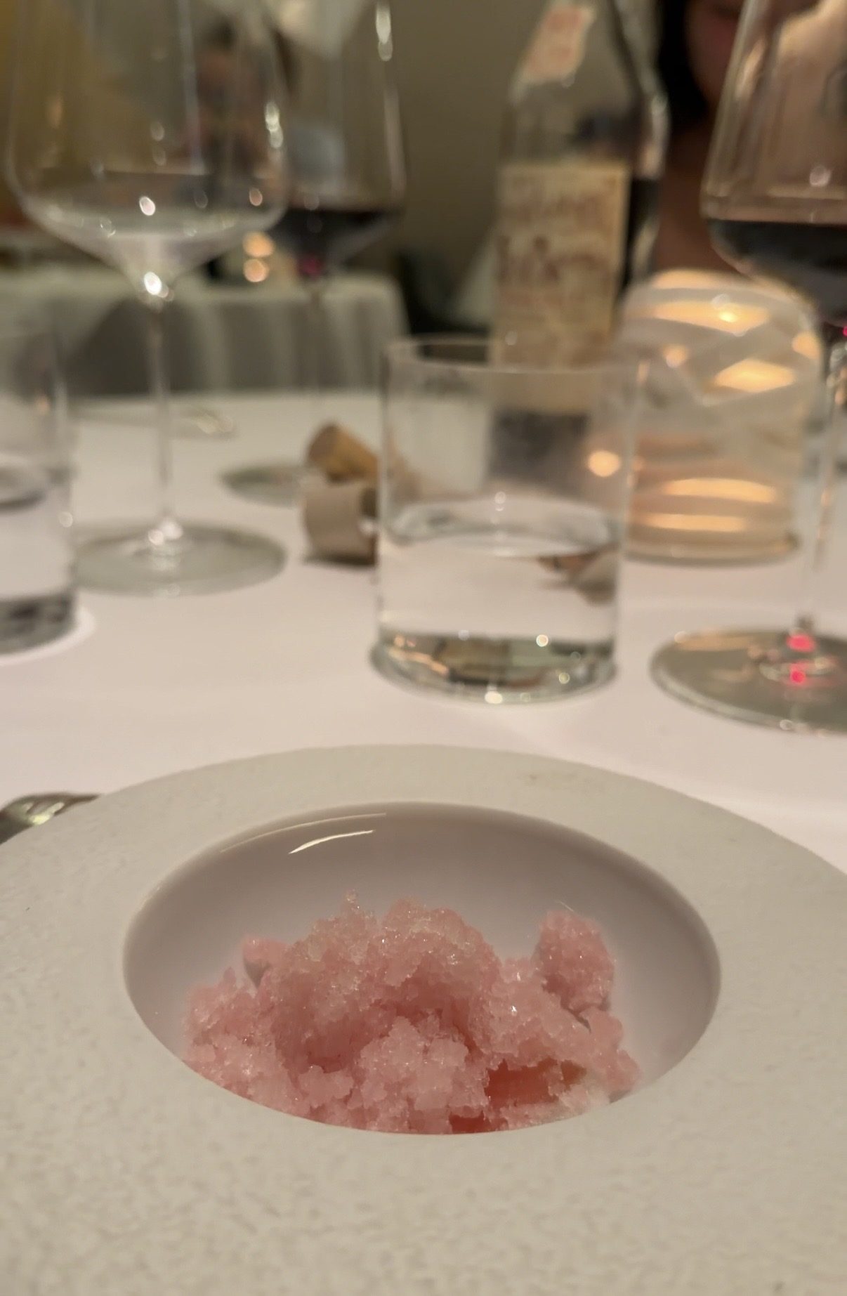 Pink granita in a white stone bowl at Restaurant Alliance Paris