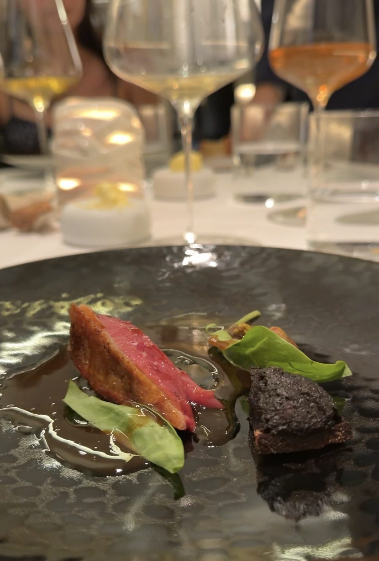 A rare slice of meat in a dark sauce with greens at Restaurant Alliance