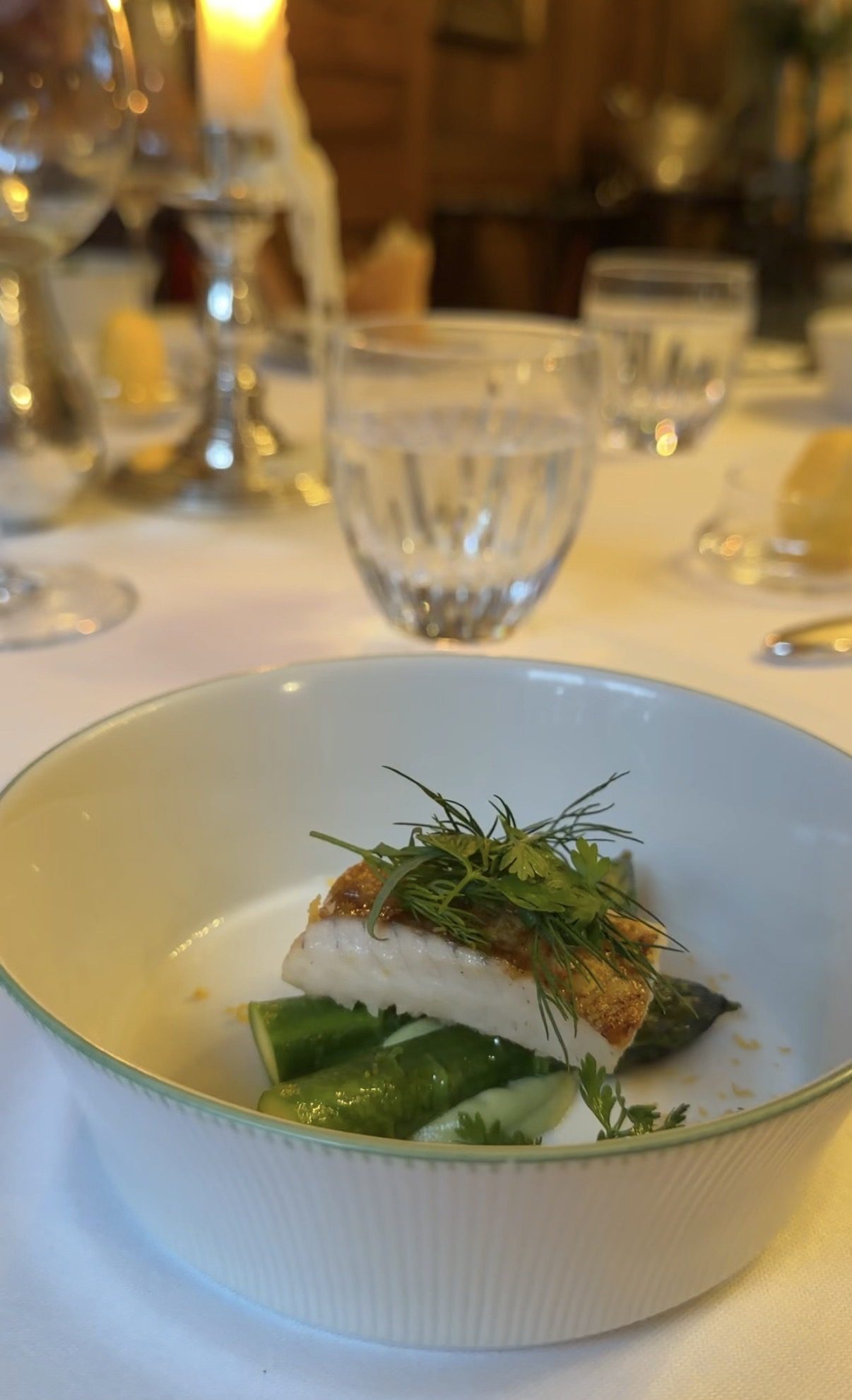 Crisp fish on asparagus and cucumber with dill at Le Clarence in Paris